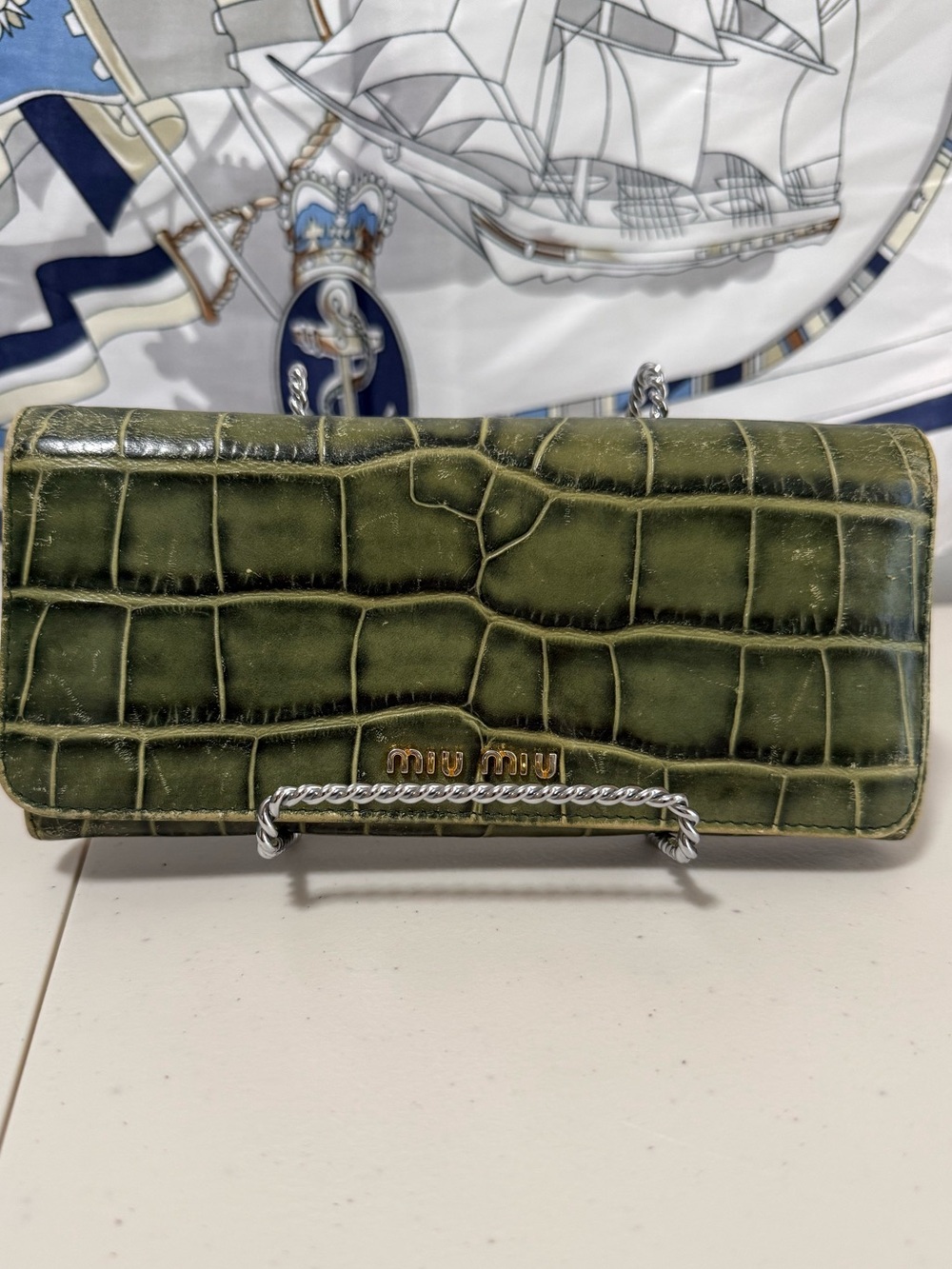 Miu Miu Olive Green Croc-Embossed Wallet